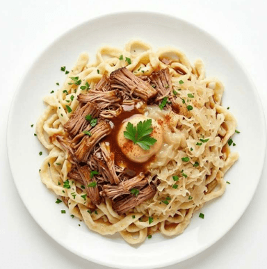 Food-Pečené trhané mäso so strapačkami
